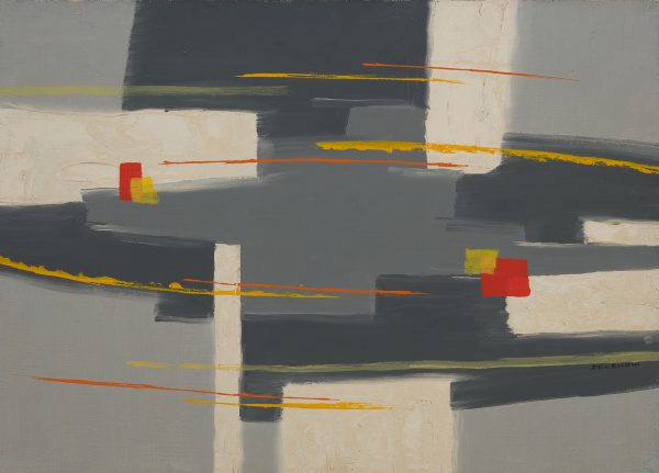 Abstraction - arrangement of overlapping irregular rectangular shapes in white, red, yellow & grays over which are superimposed lines running horizontally in orange & yellow.