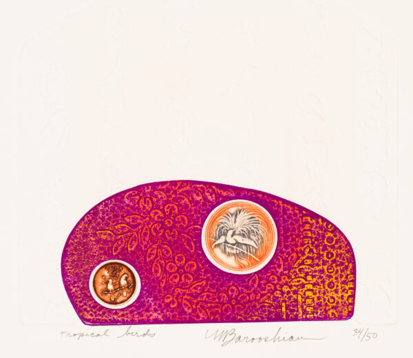 Two circles containing images of birds against irregular shape in purple, orange & yellow; whole embossed rectangular shape with curved upper edge.