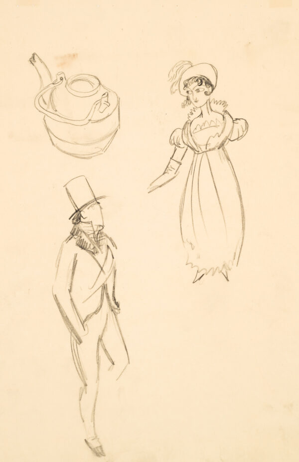 At lower left, full length of a gentlemen; at upper right, a full length figure of a lady; at upper left, a teapot.