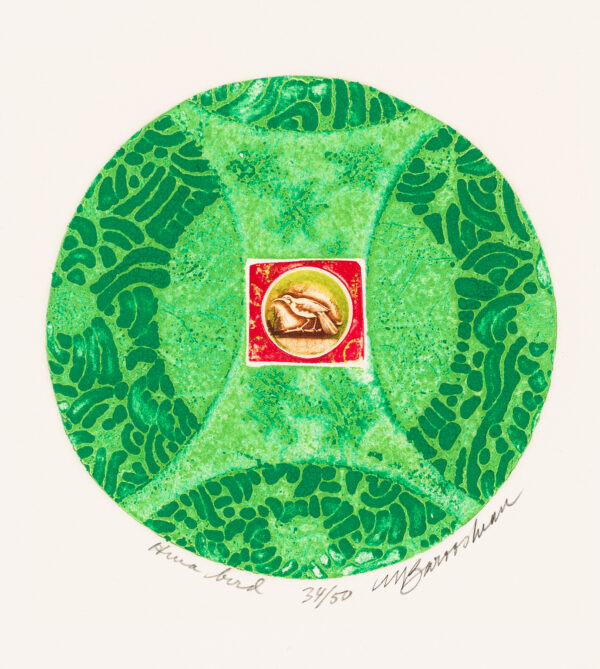 Small centrally placed circle in white, brown, and green, with bird and contained within rectangle in red & green; whole against green circle with abstract pattern.