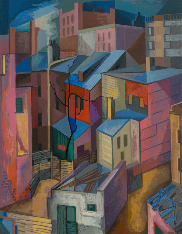 Bird's eye view of buildings rendered in high key color & geometric simplification.