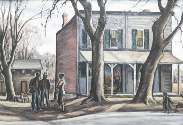View of two story shanty town house with windows with green shutters & two large trees in front; negro figures- a group of 3 conversing at lower left, a woman leaning against doorway, & a little boy in overcoat & pulling a wagon at lower right.