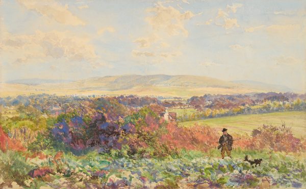 View of countryside with hunter and dog at right.; valley and mountains beyond.