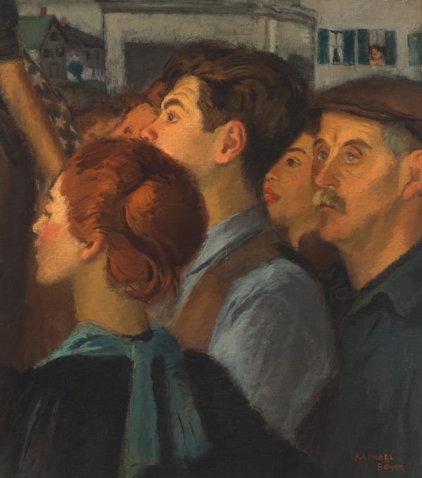 Close-up, head and shoulders view of a group of people including a young man in profile at center, behind him an older man with moustache & hat, & at left a 3/4 back view of young woman with reddish-brown hair; buildings in distance, a flag is in the upper left.