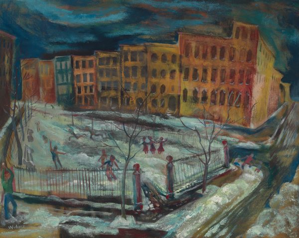Winter city scene with gloomy dark blue sky & snow on ground; children playing in & around fenced area; view of tenement buildings beyond.