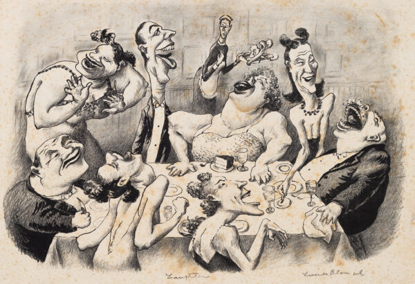 A caricature of people around a table laughing.