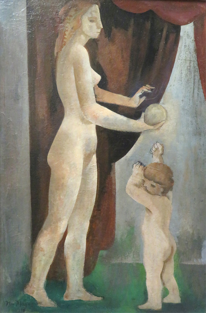 At left, a full length nude female figure holding a ball in her right hand; at right, a nude male child; each facing toward center, behind them, a brown curtain