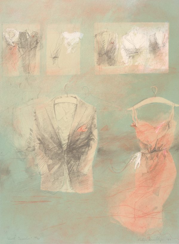 Multiple images of formal clothing on hangers including tuxedos and a peach-colored dress; whole against a blue-green background.