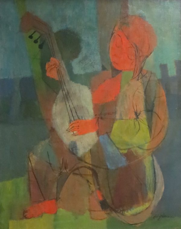 Young man, seated, playing a lute.