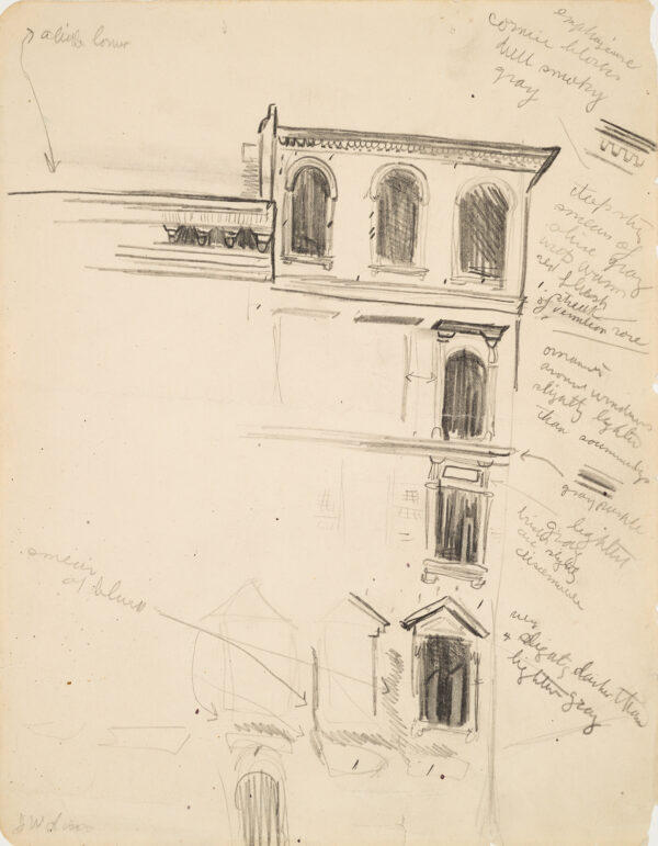 A sketch of a corner section of a tenement building with artist's notes.