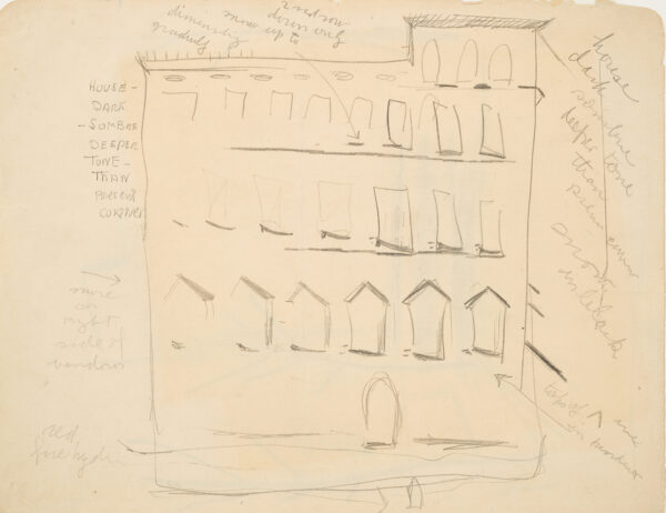 Sketch of a tenement building facade with artist's notes.