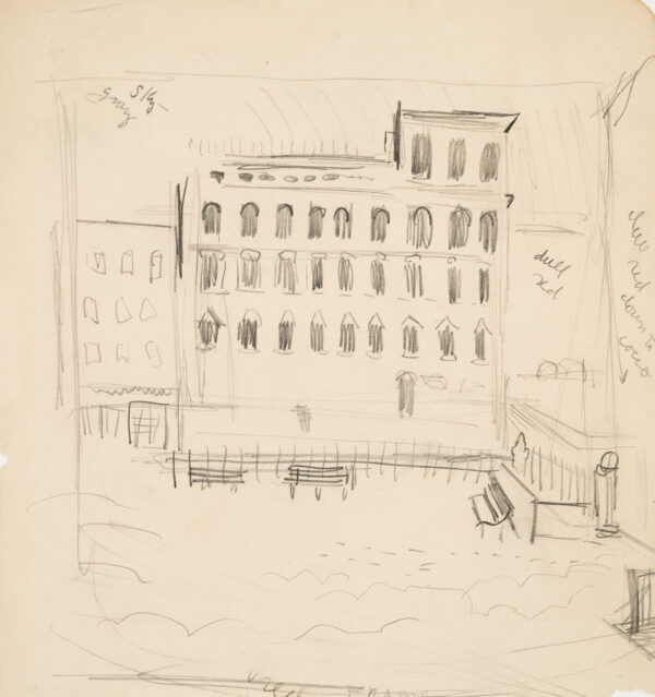 A sketch of a fenced park in front of a tenement building.