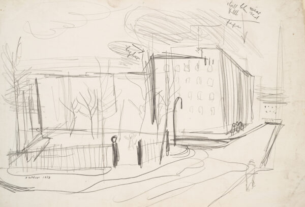 Sketch of fenced park with buildings.