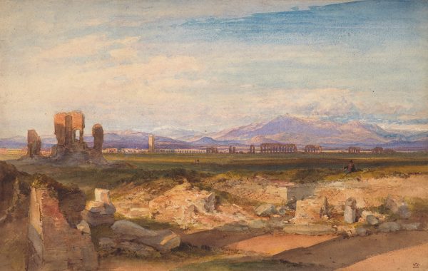 Landscape with architectural fragments in foreground, ruins of a colonnade and mountains in the distance.