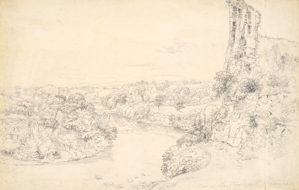 Landscape view with river, castle ruins atop a cliff at right, two figures standing in road at base of cliff.