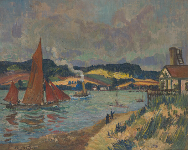 Boats on a river with figures on a path to a house on the right.