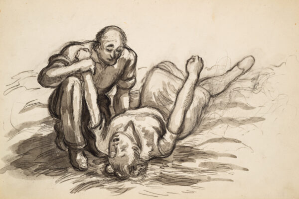 A man crouches before a prostrate woman with arms raised.