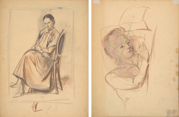 Seated woman on one side; top half of woman laying on her side on the back.