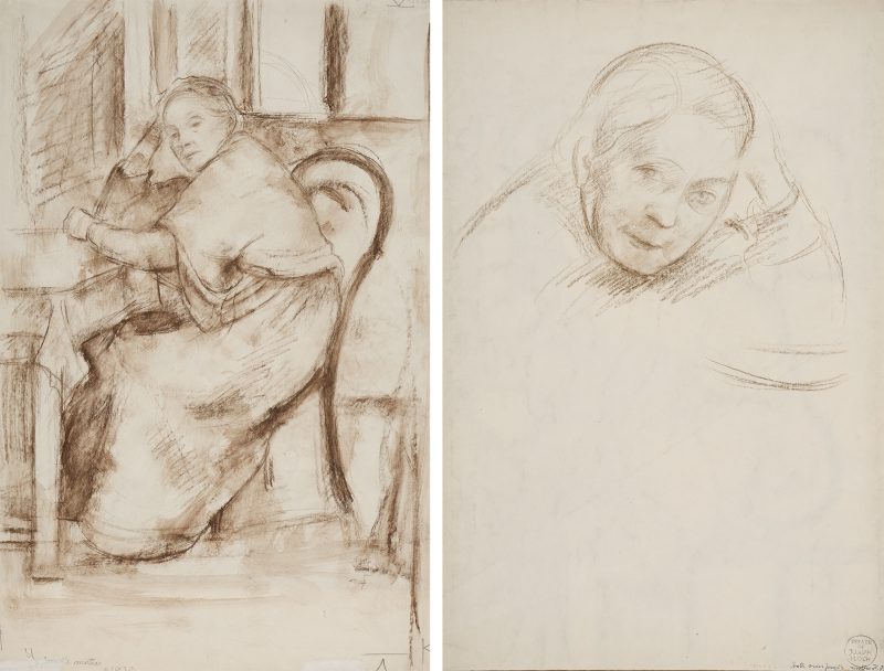 A sketch of the artist's mother on both sides of the paper.