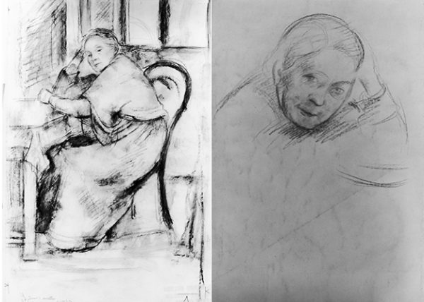 A sketch of the artist's mother on both sides of the paper.