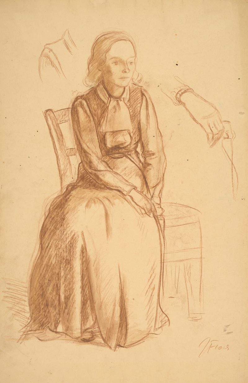 A woman in a long dress is seated in a chair with sketches of her shoulder and hand around her.