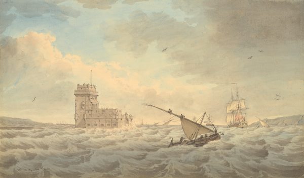 A castle is in the background with two ships on a stormy sea.