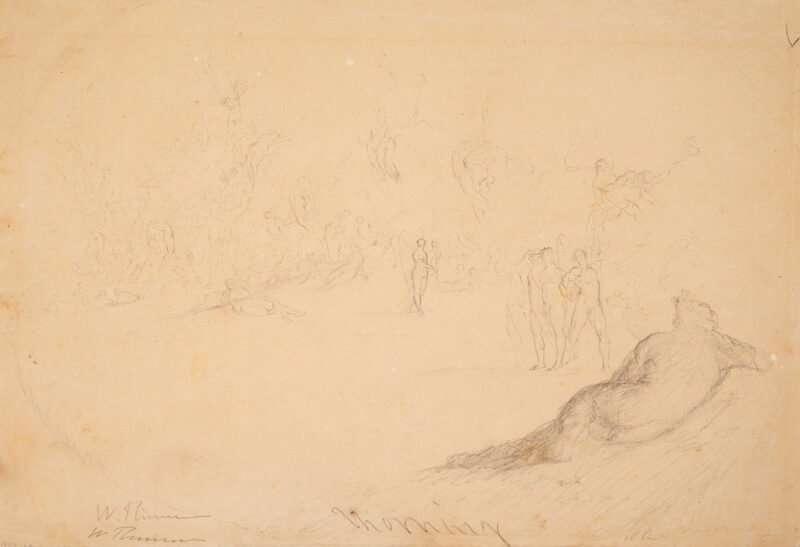 a) (Morning) A reclining nude seen from behind is in the lower right with a crowd of other figure sketches in the rest of the drawing.