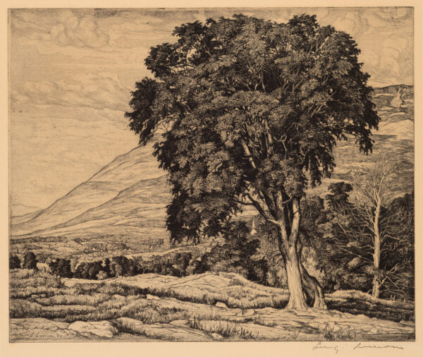 A tall tree is on the right half of the etching with a mountain rising in the background. In the foreground a log fence is on the right and a large stone is on the left.