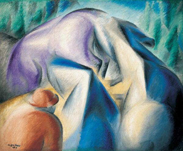 Simplified horses in blues and violet with a man in the lower left.