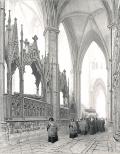 A funeral procession within tall gothic architecture.
