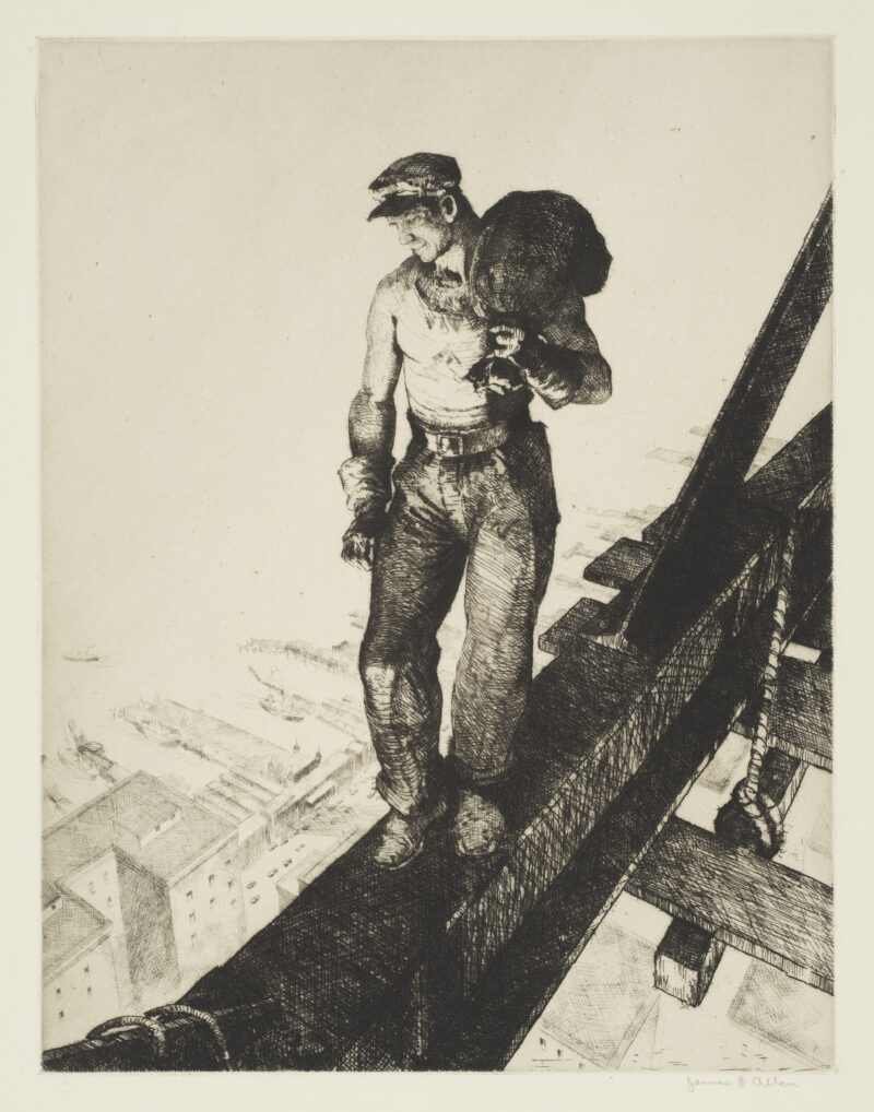 Etching of man walking on girder over a cityscape