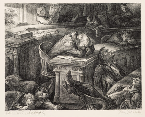 An assembly of men asleep at their desks and in their chairs.