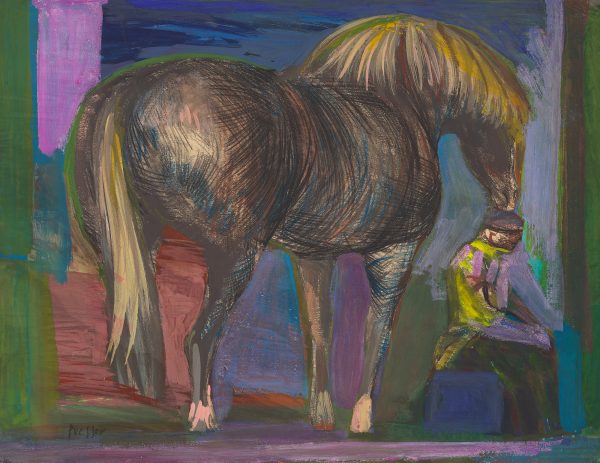 A man sits in front of a horse seen from the side.