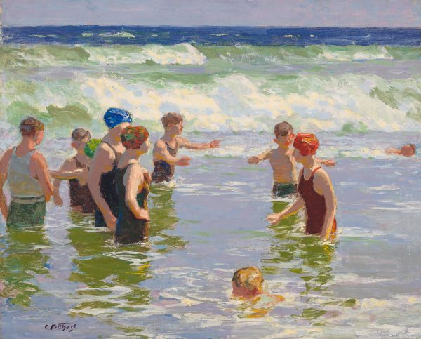 A group of swimmers play in the ocean, near the shore, with large waves in the background.
