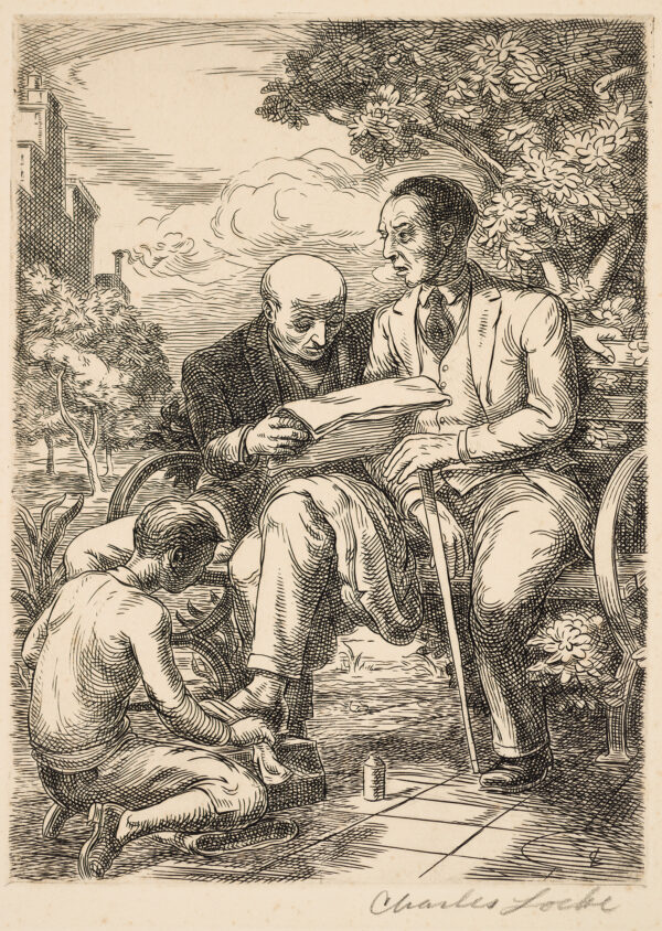 A man with cane is getting his shoe shined with another man reading a paper to him.
