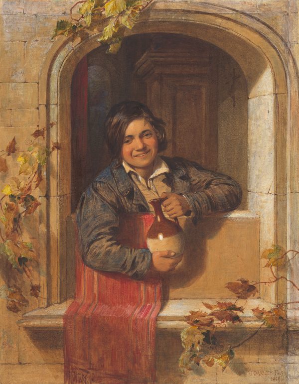 A man holding a jug leans out a stone window.