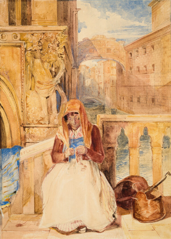 Venice - Woman Knitting by a Canal, Bridge of Sighs in Background