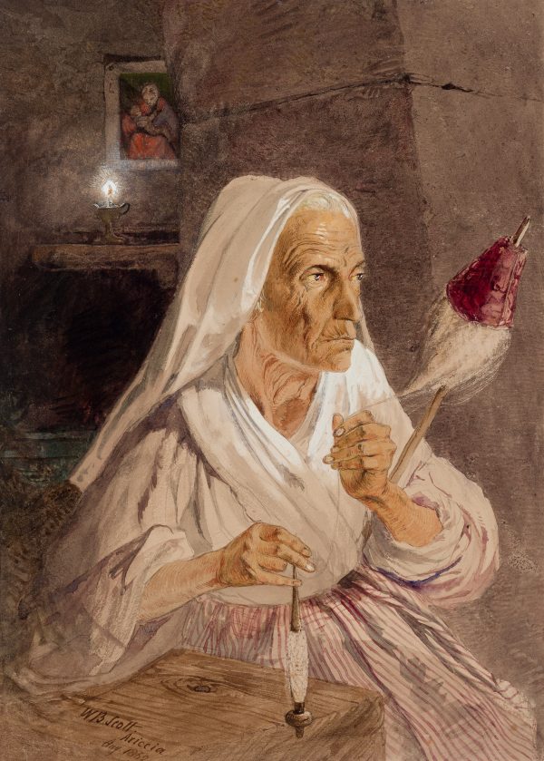 A woman spinning flax.