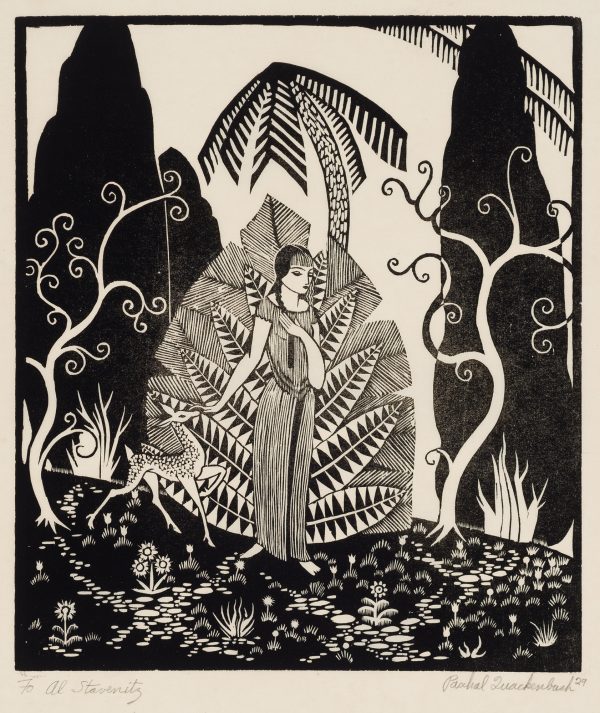 A woman and a deer in front of decorative foliage.