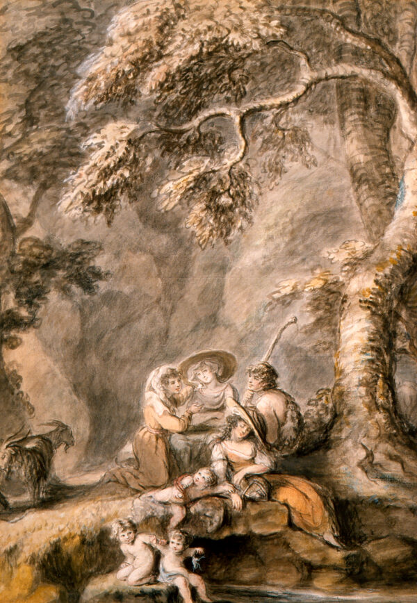 Four adults, three children and a goat rest below an arching tree.