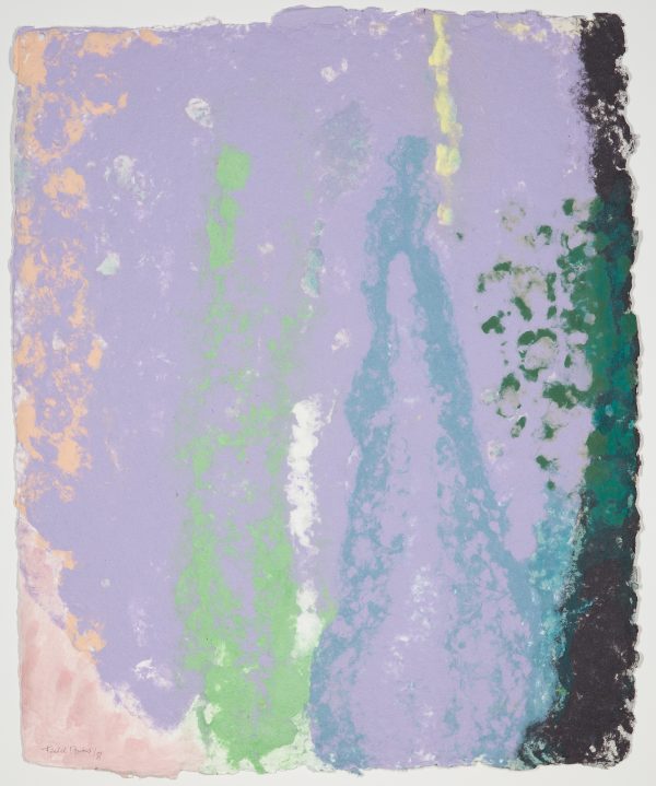 An abstraction of a vertical mass of lilac color with pink, green, blue and black areas.