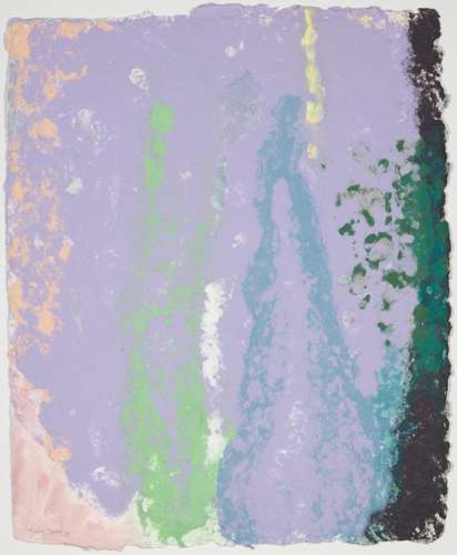 An abstraction of a vertical mass of  lilac color with pink, green, blue and black areas.