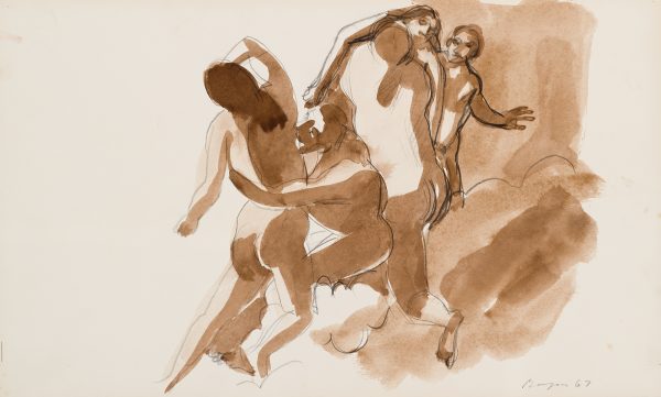 Group of nude females and male in background.