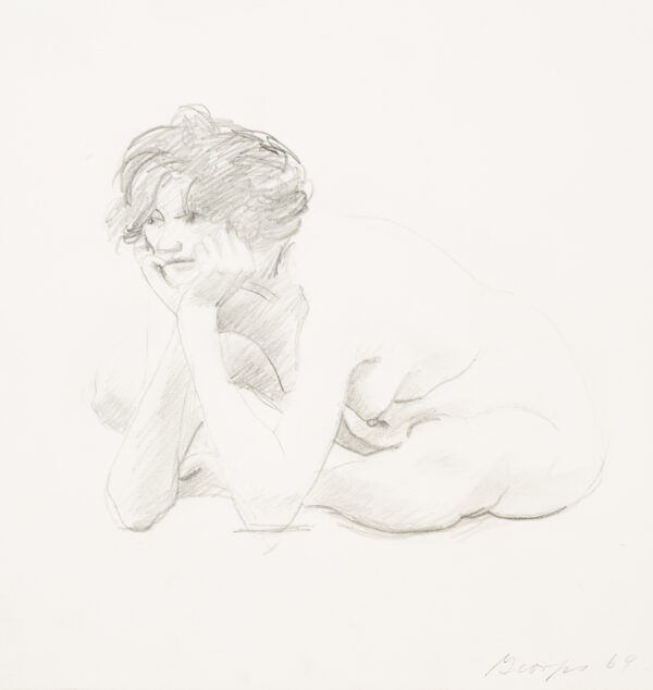 Female nude on floor with elbows on the floor and her head in her hands.