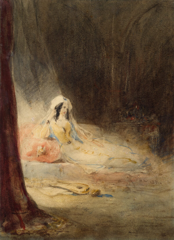 A reclining female with a musical instrument on the floor and architectural arches behind.