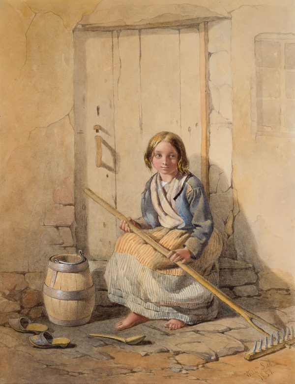 A peasant girl with rake sits before a door.