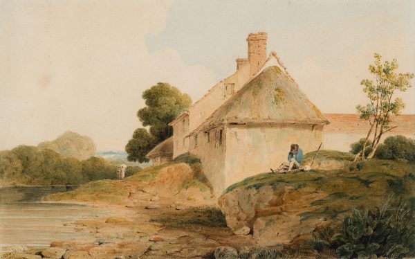 Cottage by a Stream with a Figure Resting in the Foreground