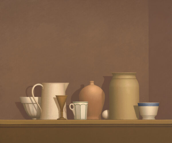 A still-life of various cups, pitchers and containers all lined up on a shelf against a brown background.