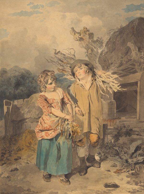A boy and girl carrying firewood.