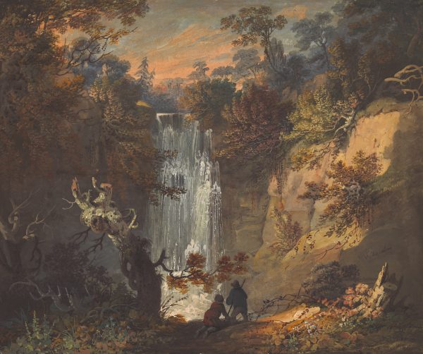 Two figures in front of a waterfall and tree filled landscape.